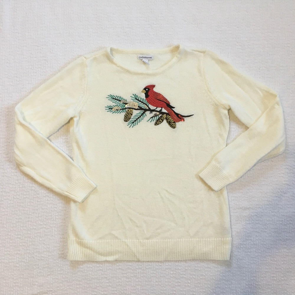 Croft & Barrow Cream Cardinal Bird Embroidered‎ Sweater Sz S Grandma